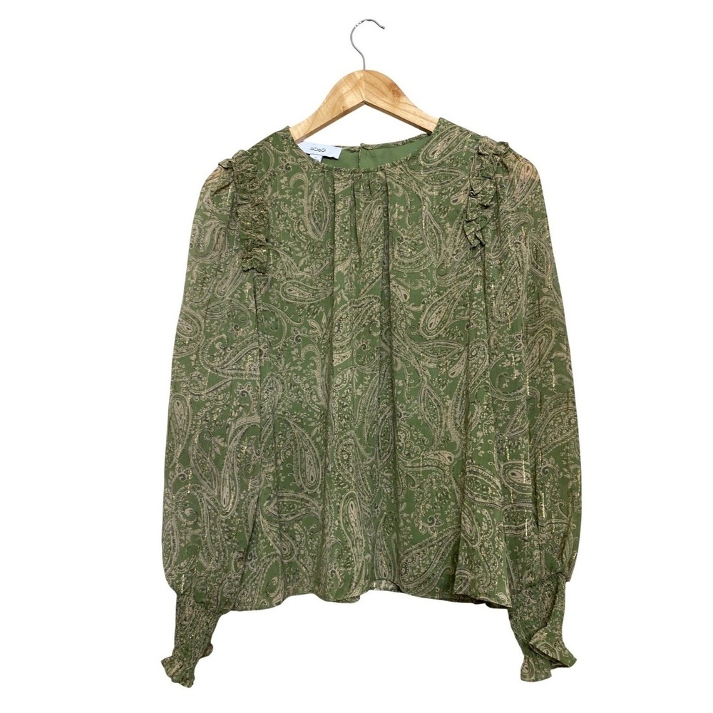 CeCe Green Paisley Gold Metallic Ruffle‎ Smocked Cuff Blouse PC485267AK PL